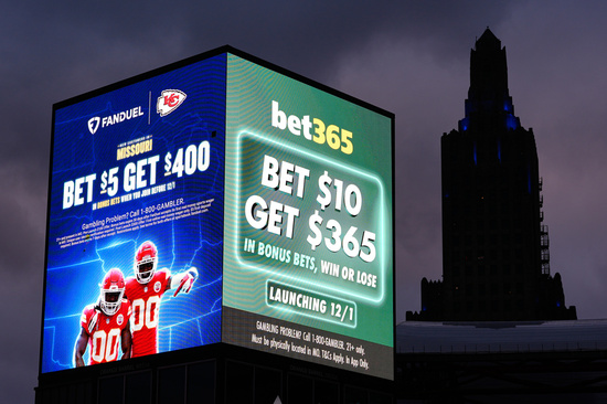 Advertisements for sports betting apps are seen in downtown Kansas City, Mo., Saturday, Nov. 29, 2025. (AP Photo/Charlie Riedel)