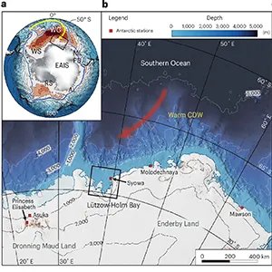 Map for sediment core locations and oceanographic features in LHB, East Antarctica, comparable to collapse 9,000 years ago. Credit: Nature Geoscience
