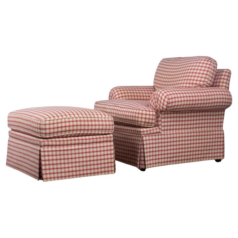 Vintage Traditional Accent Chair &amp; Ottoman Red &amp; White Plaid by Highland House