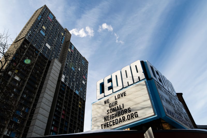 Signs of solidarity at the Cedar Cultural Center in Minneapolis. Photograph: Stephen Maturen/Getty Images