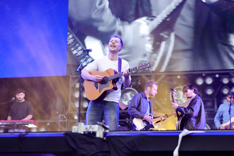 Kingfishr lead singer Eddie Keogh and fellow band members on the main stage at Electric Picnic. Photograph: Alan Betson
