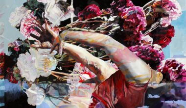 Abstract painting of flowers with arms stretched out towards the top left corner of the composition.