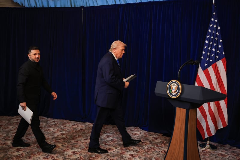 Ukrainian president Volodymyr Zelenskiy and US president Donald Trump in Florida on Sunday. Photograph: Joe Raedle/Getty Images