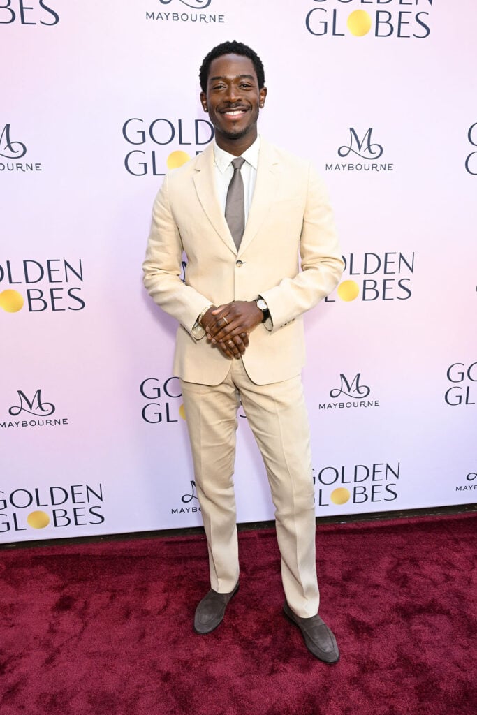 Damson Idris at the Golden Globes' First Time Nominees Luncheon , Damson Idris, F1 The Movie, Damson Idris red carpet, Golden Globes First-Time Nominees Luncheon, cream suit menswear, awards season style, leading man fashion