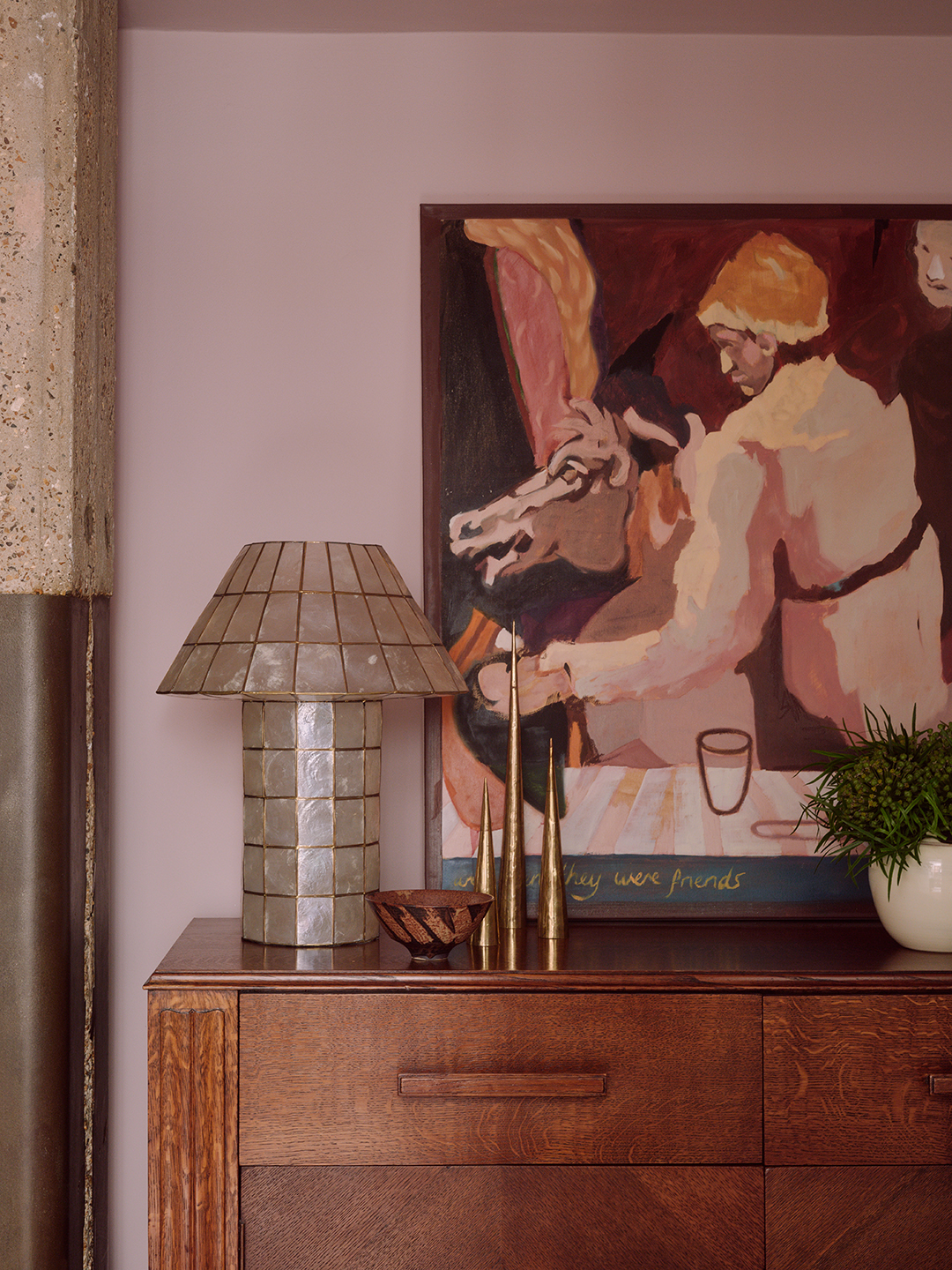 dresser with glass lamp