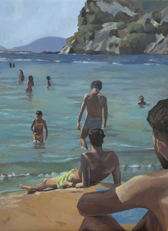 Painting of people enjoying a sunny day at the beach with individuals swimming and lounging near the shore.