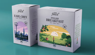 Two boxes of Tesco Finest tea are displayed: the box on the left is for Earl Grey (Floral, Aromatic, Citrus) with 50 tea bags and features an illustration of a cityscape at dusk; the box on the right is for English Breakfast (Rich, Robust, Malty) with 80 tea bags and features an illustration of a sunrise over a rolling landscape.