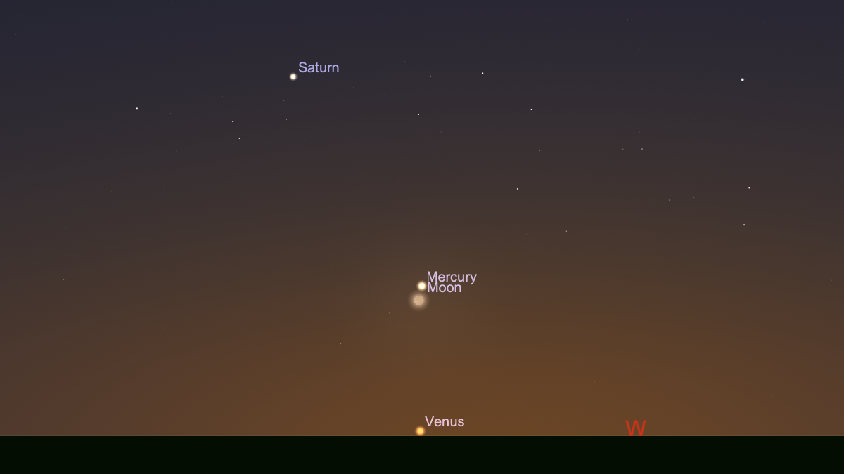 A labeled night sky map showing glowing dots for the moon and Mercury (both labeled) in the center of an orange and purple night sky