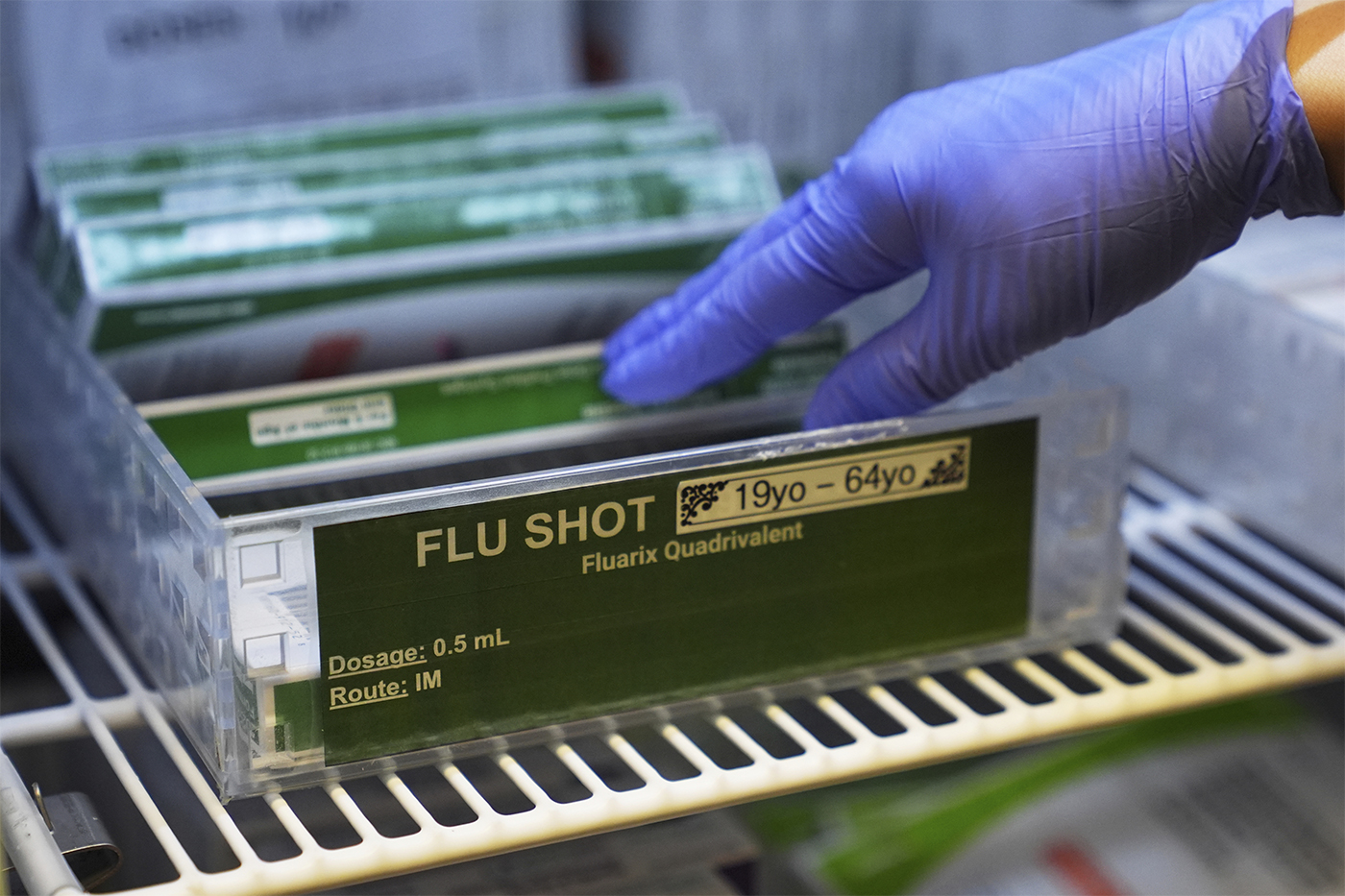 A hand wearing a latex glove selects a flu shot inside a refrigerator.
