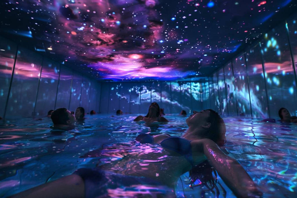 Rendering shows people floating in a tank as astral projections reflect on the water and ceiling.