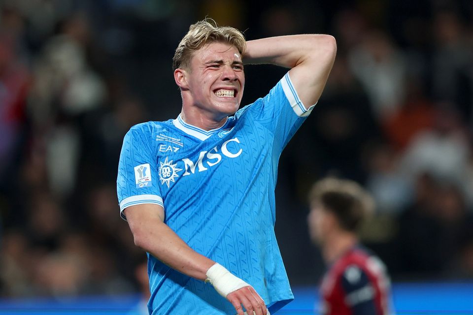 Rasmus Hojlund of SSC Napoli reacts during the Supercoppa Italiana final against Bologna FC 1909 at King Saud University Stadium in Riyadh, Saudi Arabia. (Photo by Yasser Bakhsh/Getty Images)