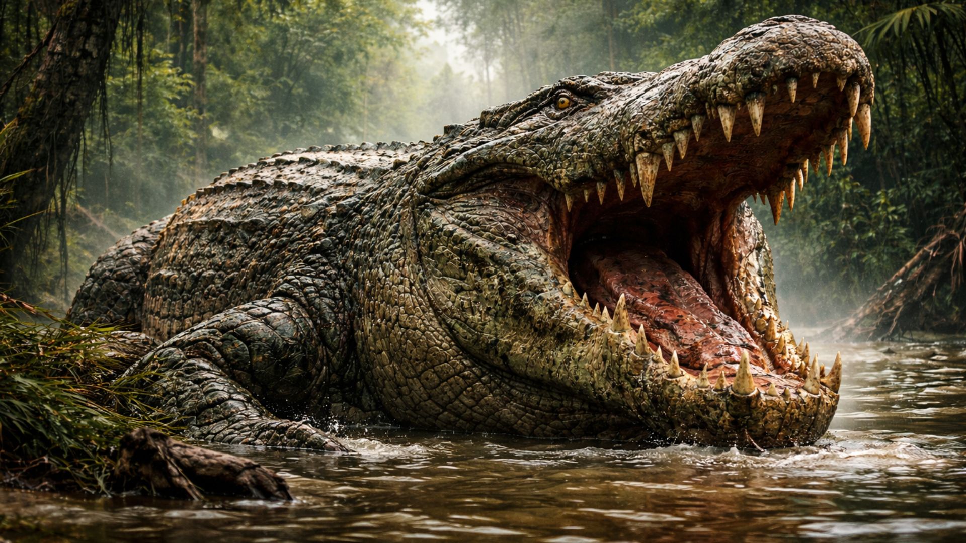 Purussaurus brasiliensis reached up to 12,5 meters in length, weighed 8,4 tons, and had an estimated bite force of 69 N, dominating rivers of the proto-Amazon region during the Miocene.