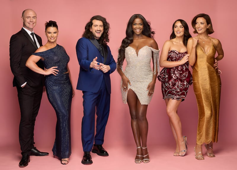 Dancing with the Stars 2026: judges Brian Redmond, Karen Byrne, Arthur Gourounlian and Oti Mabuse with presenters Laura Fox and Jennifer Zamparelli. Photograph: RTÉ