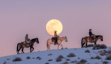 Three cowboys on horses wearing ten-gallon hats cross from left to right across a snowy hill with a large yellow full moon in a pink night sky behind them