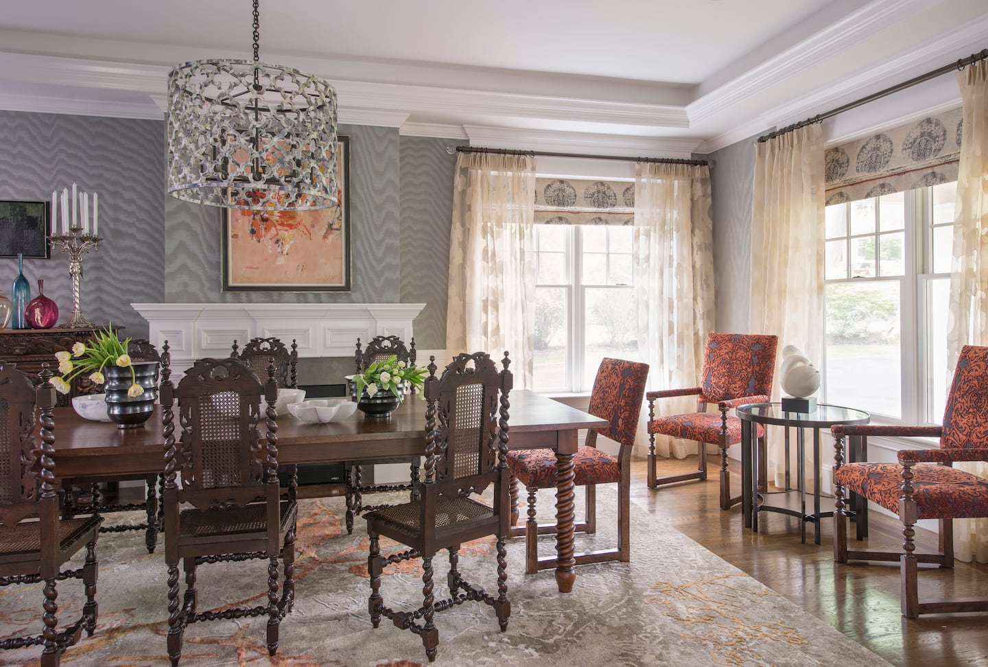This dining room by Newton-based interior designer Vani Sayeed features different textures, patterns, and colors.