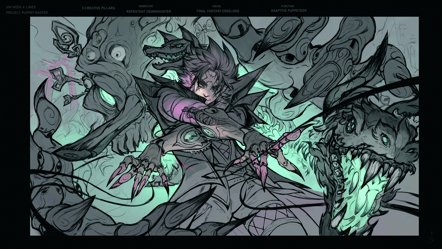 Character art that uses shadows to lead the viewer's eye to the character's face