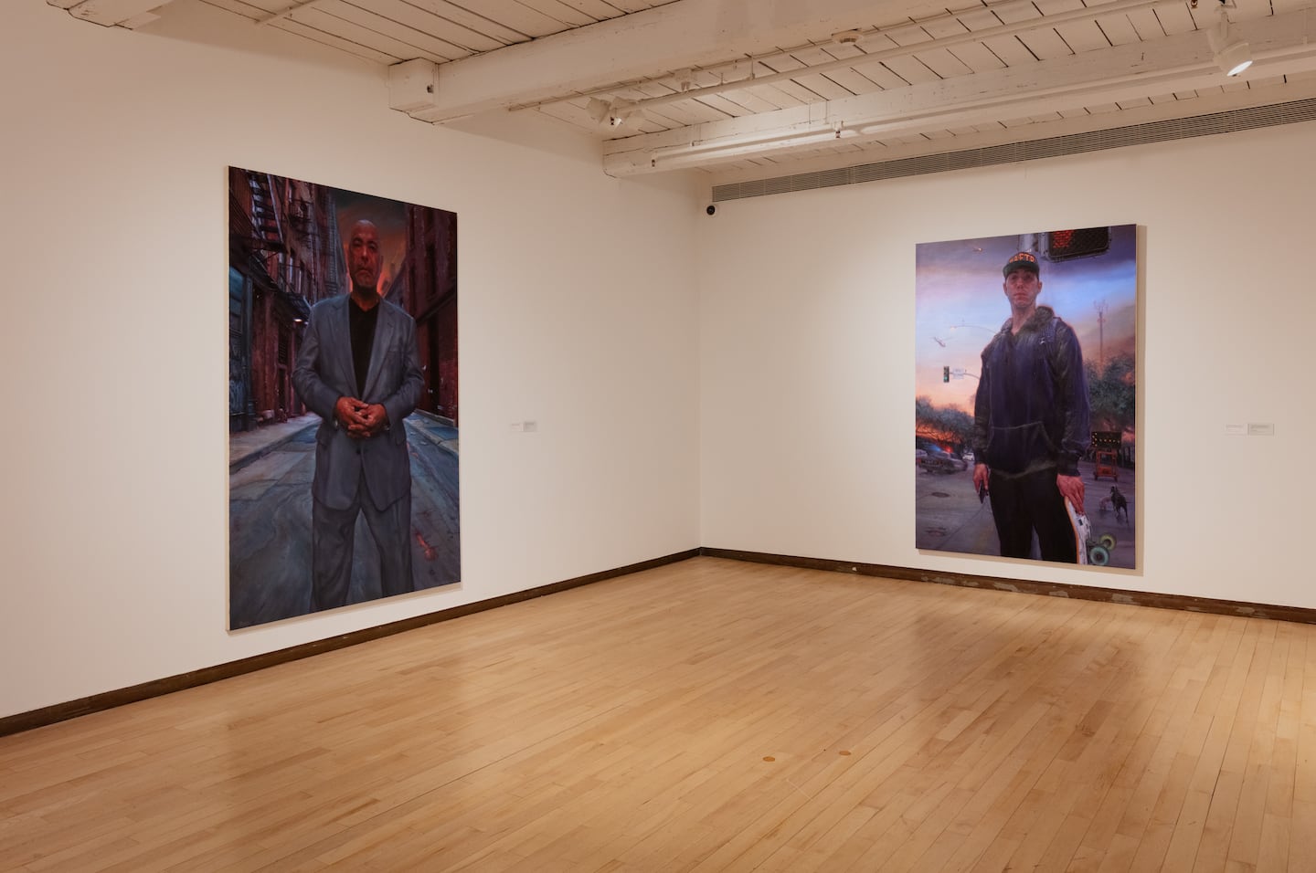 Vincent Valdez, "The Beginning Is Near: An American Trilogy, Ch. 3: The New Americans.” Left: “Juan Cartegena,” 2021; R: “Mr. Checkpoint,” 2021. 