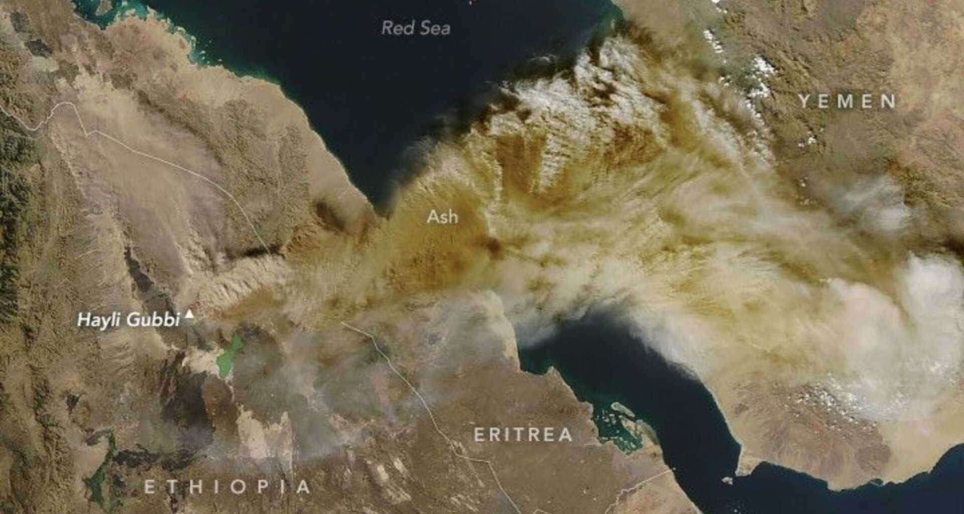 An image of Earth from space, showing Ethiopia and the Middle East covered with brown and gray streaks of ash