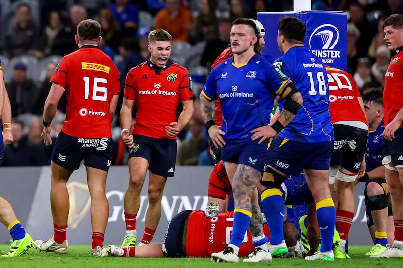 Munster’s Jack Crowley celebrates a penalty in the late stages of their comprehensive URC victory against Leinster at Croke Park in October. Photograph: Ben Brady/Inpho