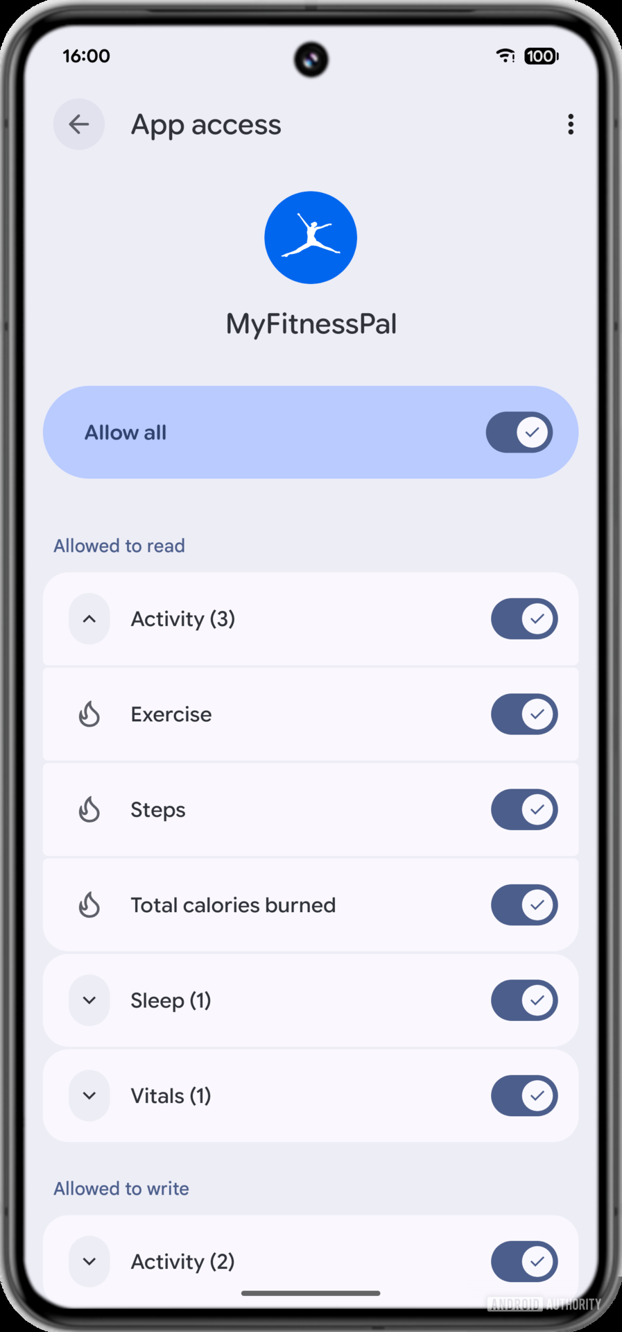 New Health Connect app access page