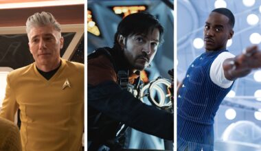 Split image showing three sci-fi shows from 2025: Star Trek: Strange New Worlds season 3, Andor Season 2, and Doctor Who season 2.