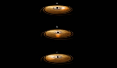 An illustration showing the accretion disc surrounding a black hole, in which the inner region of the disc wobbles.