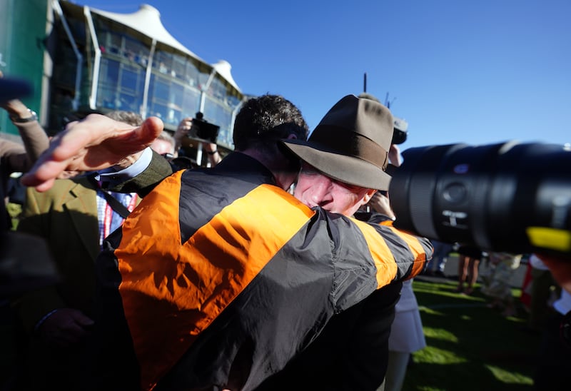Jockey Patrick Mullins with his father and winning trainer Willie Mullins after winning the Grand National at Aintree in April. Photograph: David Davies for The Jockey Club/PA Wire