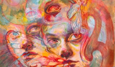 Abstract, colorful portrait that swirls and blends into butterfly forms.