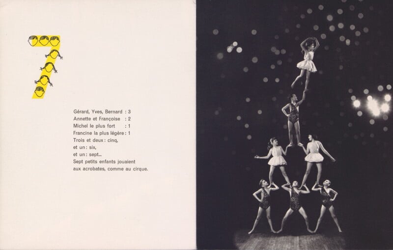 A group of seven children dressed as acrobats form a human pyramid on a dark stage, while the left page shows the number 7 with yellow chicks and a French poem about seven children playing circus acrobats.
