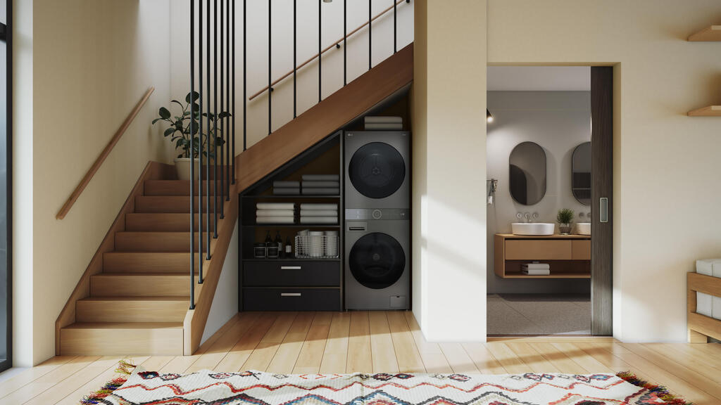 Make use of every available space. WashTower, a combined washer and dryer unit (Photo: Courtesy of LG) לנצל כל שטח פנוי, למשל מתחת למדרגות, ולבחור מוצרים משולבים - מכונה ומייבש