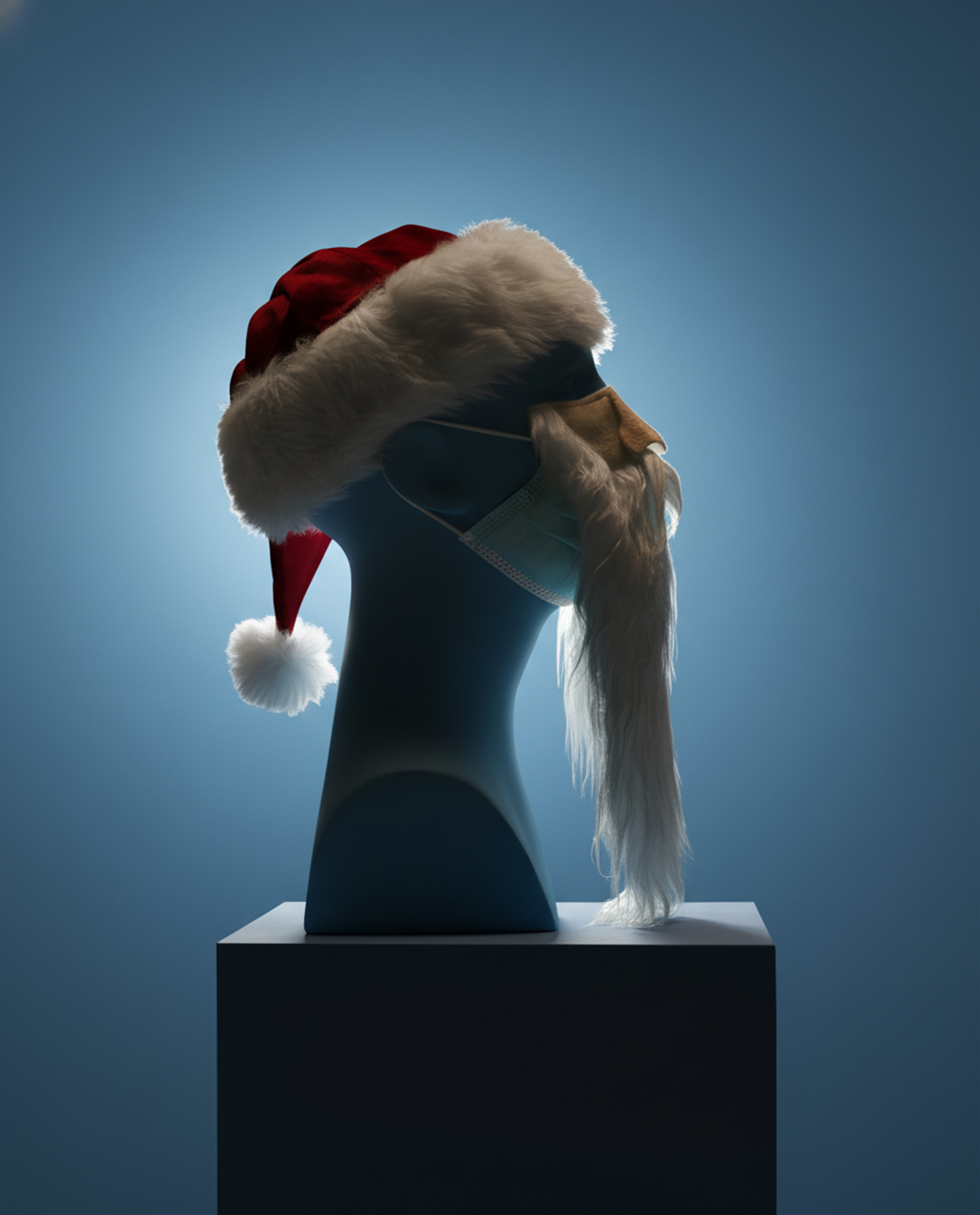 The effects of Vividon relighting plug-in on a mannequin wearing a Santa hat and beard