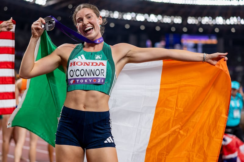 Ireland’s Kate O’Connor celebrates with her silver medal from the women's heptathlon event at the World Athletics Championships. Photograph: Morgan Treacy/Inpho