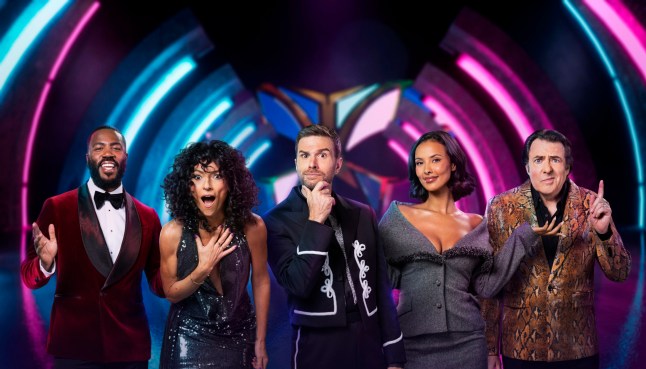 Mo Gilligan, Davina McCall, Joel Dommett, Maya Jama and Jonathan Ross all pose in a promo shot for The Masked Singer UK.