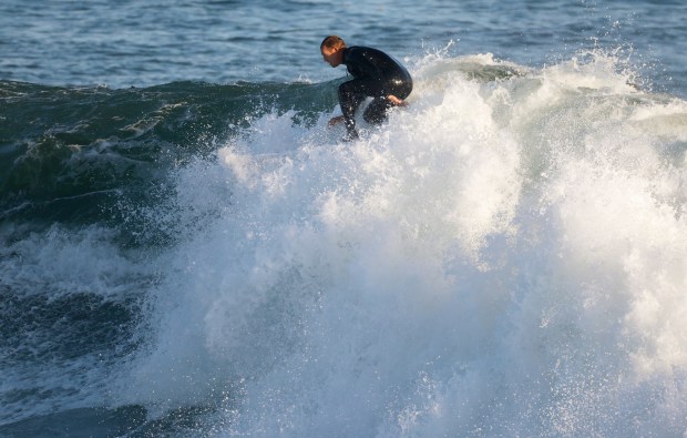 Jason Glickman of Santa Cruz surfs on a SwellCycle Slip Disc surfboard by Iconoclast during a SwellCycle demo day at Steamer Lane in Santa Cruz on Monday, Oct. 20, 2025. (Nhat V. Meyer/Bay Area News Group)