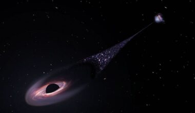 This artist's illustration shows a runaway SMBH that was ejected from its host galaxy. As it travels through space it generates a bow shock in front of it, while behind it trails a long stream of stars and gas. Image Credit: NASA, ESA, Leah Hustak (STScI)