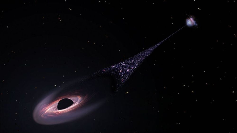This artist's illustration shows a runaway SMBH that was ejected from its host galaxy. As it travels through space it generates a bow shock in front of it, while behind it trails a long stream of stars and gas. Image Credit: NASA, ESA, Leah Hustak (STScI)