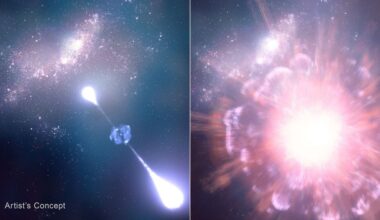 These artist's illustrations show an ancient Gamma-Ray Burst (left) only 730 million years after the Big Bang, that was detected in March, 2025. Its jets are a telltale sign of a GRB. The illustration on the right shows the supernova responsible for the GRB. Image Credit: NASA, ESA, CSA, STScI, Leah Hustak (STScI)