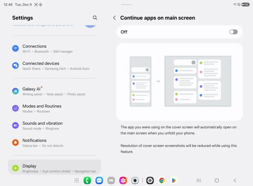 samsung galaxy z trifold continue apps on main screen switching