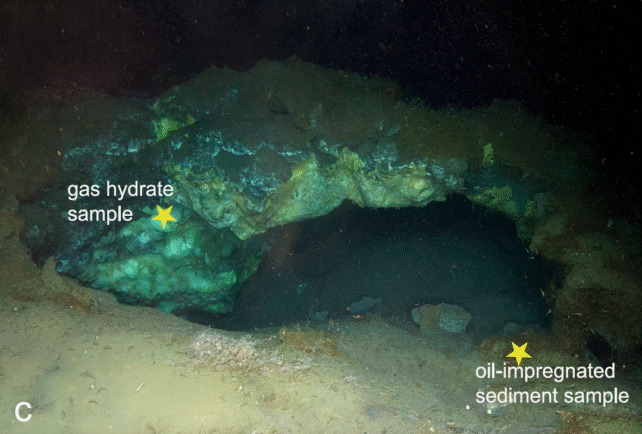 deep sea photograph showing an underwater mound with a cave-like structure within. one star on the opening indicates 'gas hydrate sample' and another to the bottom of the opening says 'oil-impregnated sediment sample'