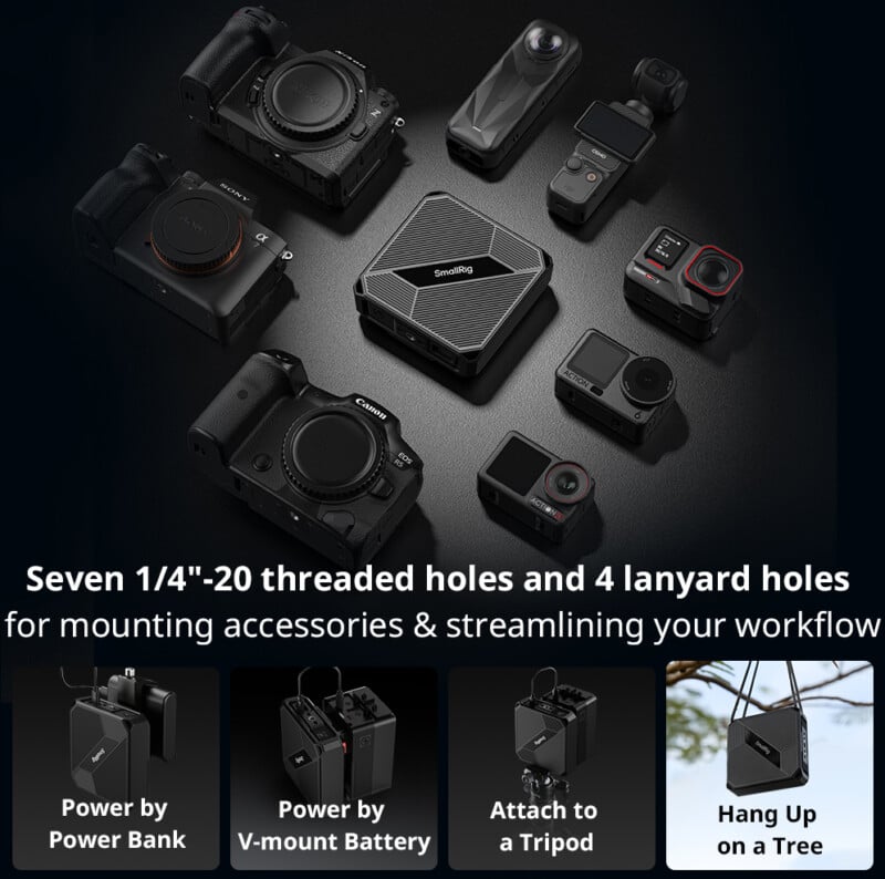 A variety of cameras and electronic devices surround a rectangular camera accessory. Text highlights seven 1/4"-20 threaded holes and four lanyard holes for versatile mounting, with icons showing power and mounting options.