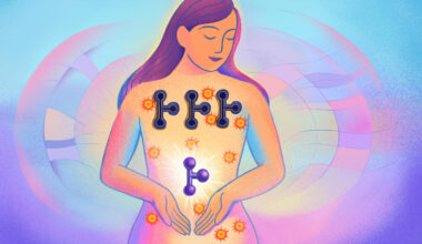 An illustration depicting a woman holding a three-pronged molecule in her hands that would fit into three receptors placed on her chest.