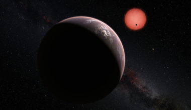 Methane atmosphere on TRAPPIST-1e: Rocky planet with clouds and distant small, red sun, with 2 other planets tiny with distance.