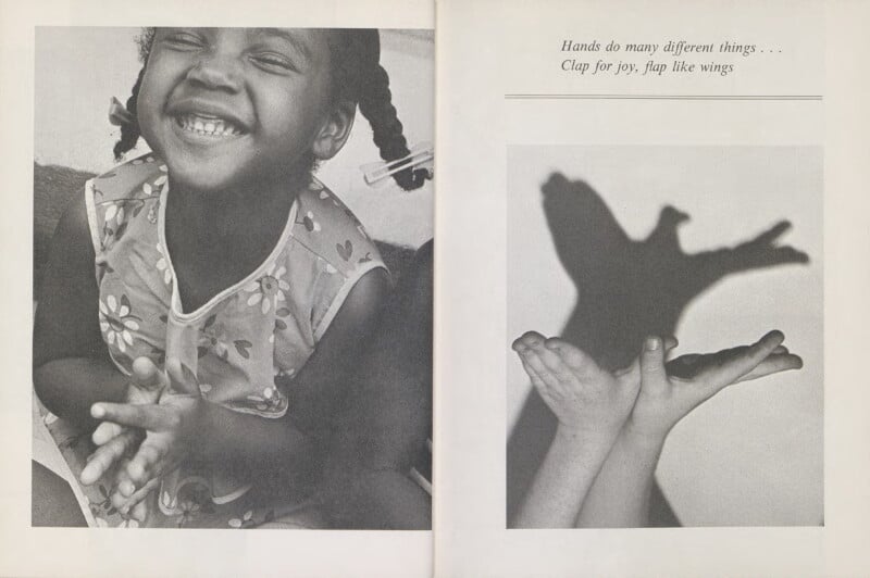 A smiling girl claps her hands, while on the opposite page, two hands create a bird shadow on a wall. Text reads: "Hands do many different things...Clap for joy, flap like wings.