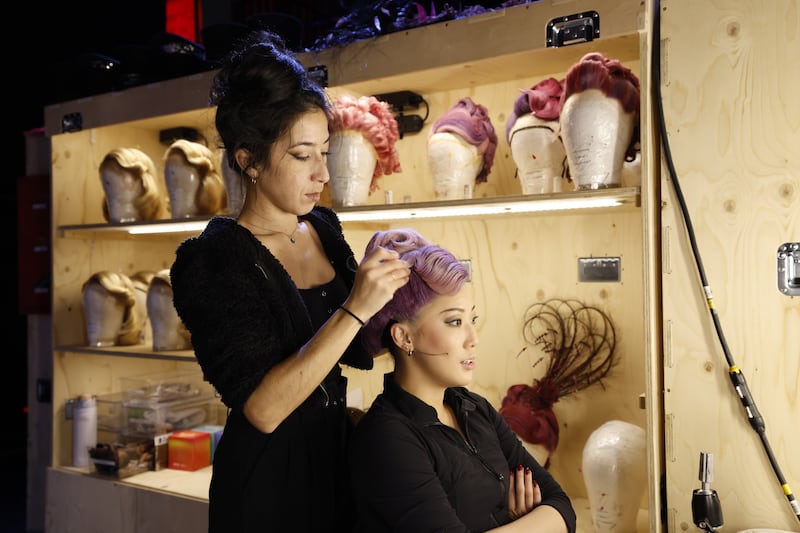Moulin Rouge! The Musical: Sayaka Kato and wig technician Aurelie Del Oimo prepare for the show. Photograph: Nick Bradshaw 