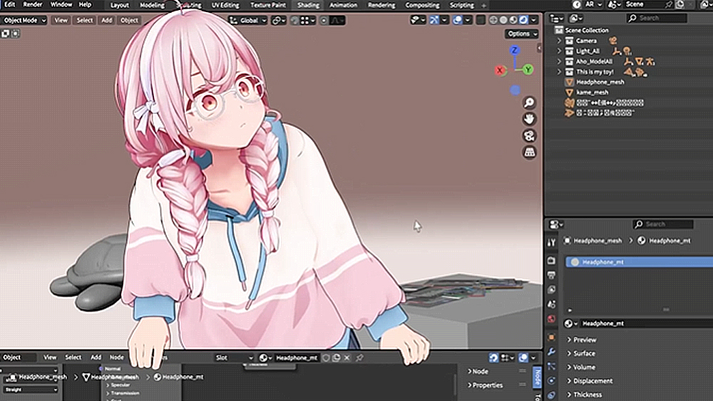 An anime girl destroys Blender UI in a screenshot from a Blender animation
