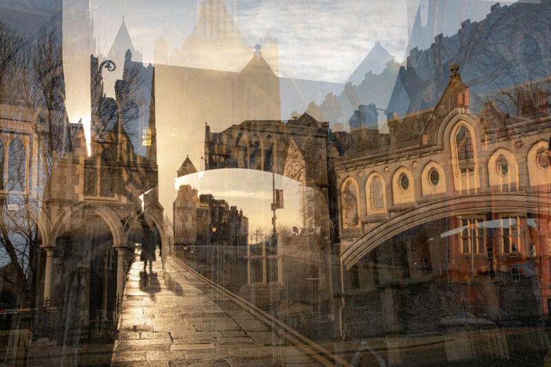 A layered, double-exposure image of historic stone buildings, arched bridges, and a cobblestone street at sunset, creating a dreamy, overlapping cityscape with warm light and gothic architecture.