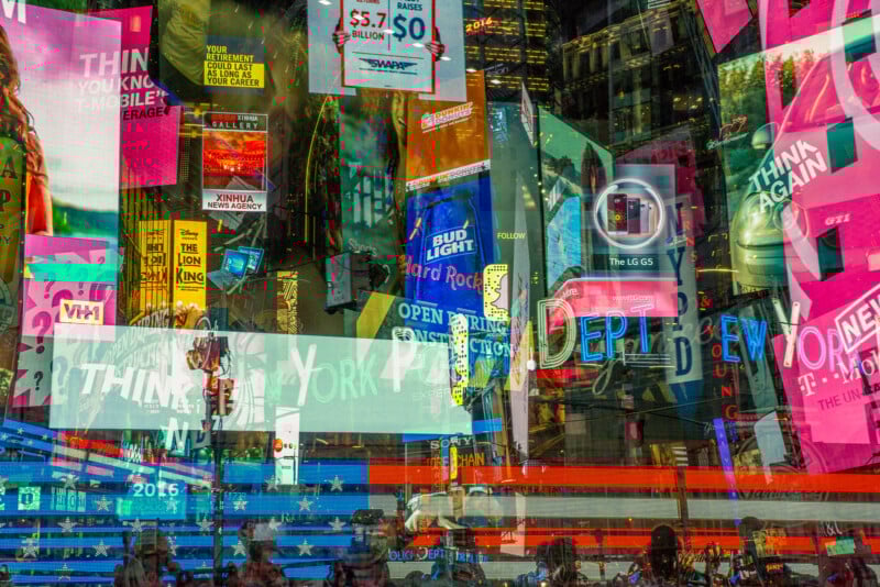A vibrant, colorful collage of overlapping digital billboards and neon signs in Times Square, New York City, featuring advertisements, brand logos, and an American flag motif with crowds of people below.