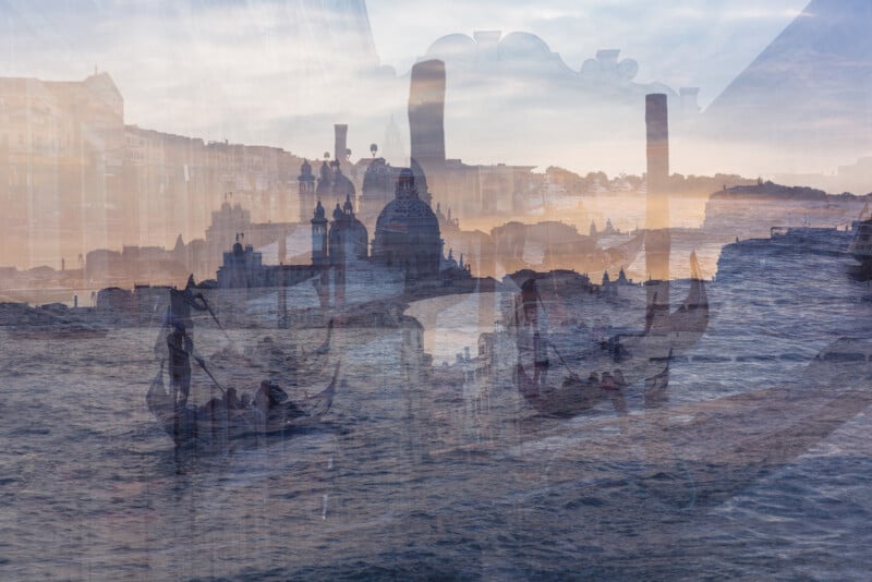 A double exposure image showing gondolas on a Venetian canal overlaid with Venice’s skyline at sunset, including domed buildings and a cloudy sky reflected on the water.
