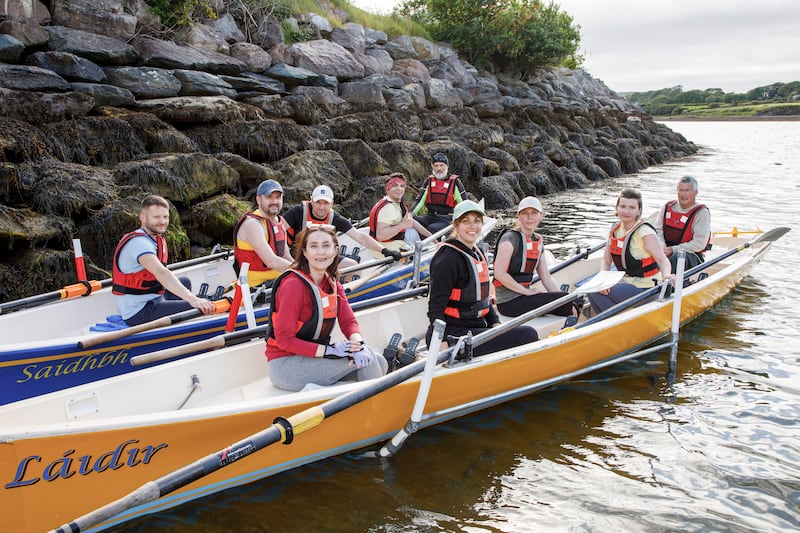 Taking to the water with Sive Rowing Club in Cahersiveen, Co Kerry, Ukrainian rowers (front) Alla Binieieva, Nataliia Sulatska, Zhanna Stetsyk, Hanna Melnikova and cox Mikey Murphy; (back) Andrii Shtoda, Oleh Mekeda, Pavlo Melnikov, Alex Filipashko and cox Padraig O'Shea. Photograph: Alan Landers