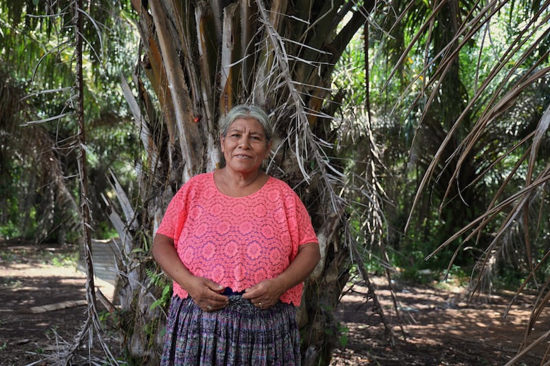 Dolores Mucu on the land recently reclaimed from the local palm oil plantation in Carolina. Photograph: Hannah McCarthy